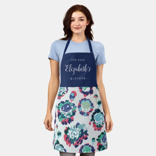 Blue abstract floral pattern personalized cooking apron