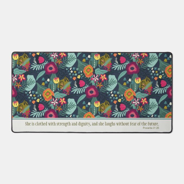 Blue Abstract Floral Proverbs 31:25 Desk Mat (Front)