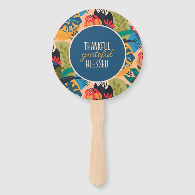 Blue Abstract Floral Thankful Grateful Blessed Hand Fan (Front)