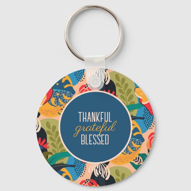 Blue Abstract Floral Thankful Grateful Blessed Keychain (Back)