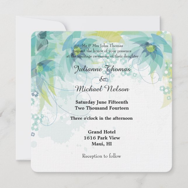 Blue Abstract Floral Wedding Invitation (Front)
