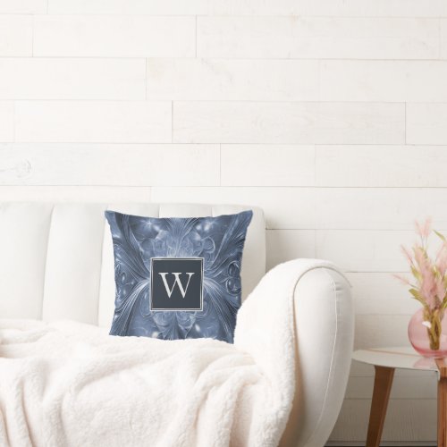 Blue Abstract Flourish Monogram Throw Pillow