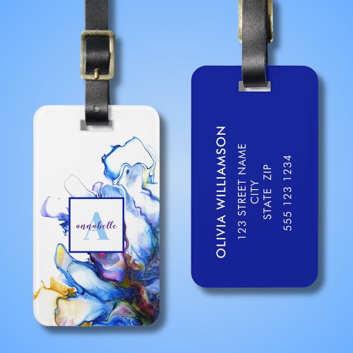 Blue Abstract Fluid Art Agate Name Luggage Tag