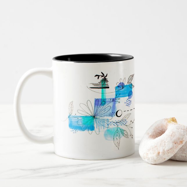 Blue Abstract Geometric Blue Black Two-Tone Coffee Mug (With Donut)