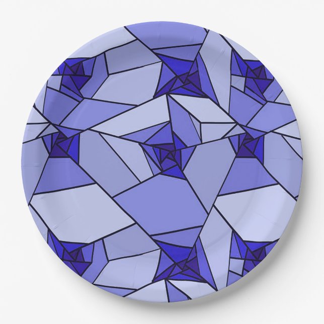 Blue Abstract Geometric Pattern Paper Plates (Front)