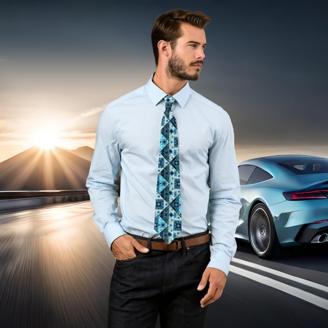 Blue Abstract Geometric Pattern Tie (Modern tie with an abstract geometrical pattern in cool blue with turquoise and black.)