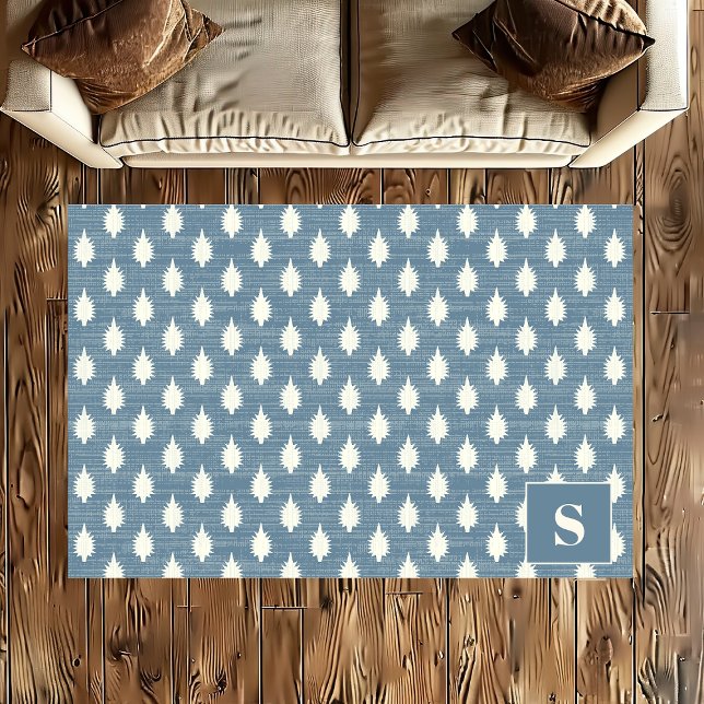 Blue Abstract Geometric Spikes Boho Monogram Rug (Creator Uploaded)