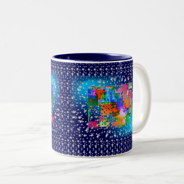 Blue Abstract Geometric Stars Bright Two-Tone Coffee Mug (Front Right)