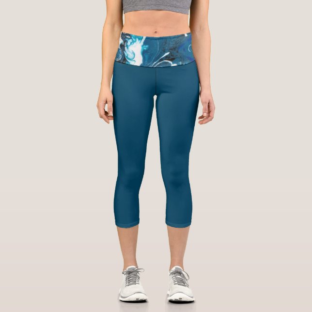 Blue Abstract High Waisted Capri Leggings (Front)
