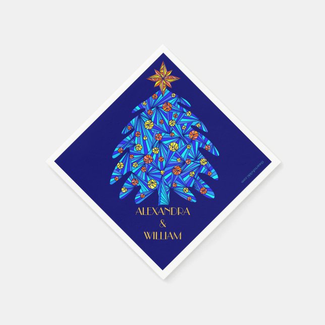 Blue Abstract Holiday Tree Personalized Party Napkins (Corner)