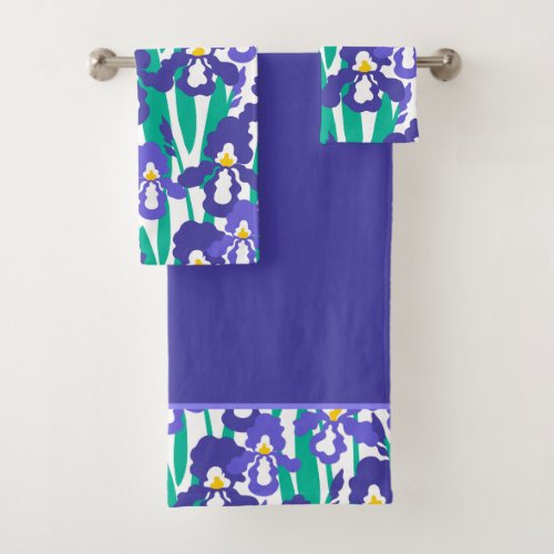 Blue Abstract Iris Floral Pattern Border Bath Towel Set