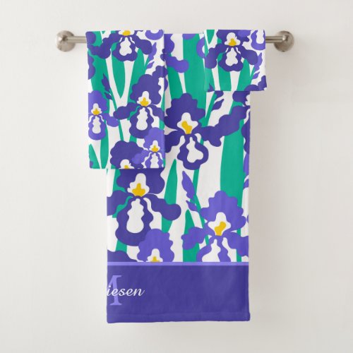 Blue Abstract Iris Floral Pattern Monogram Bath Towel Set