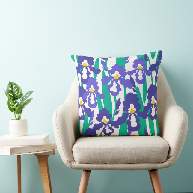 Blue Abstract Iris Floral Pattern Throw Pillow (Chair)