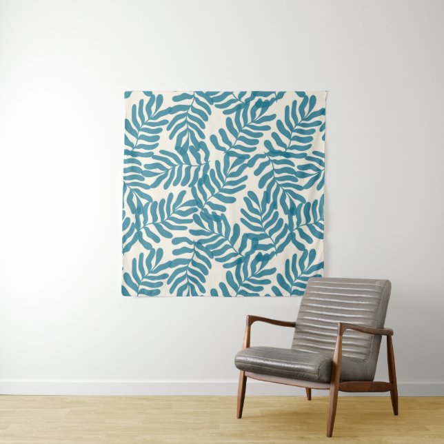 Blue abstract leaves pattern tapestry (In Situ)