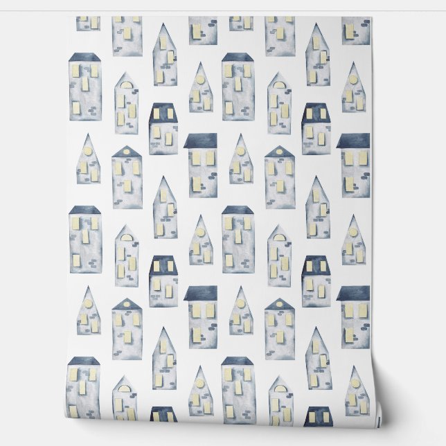 Blue abstract line house pattern  wallpaper  (Unrolling)