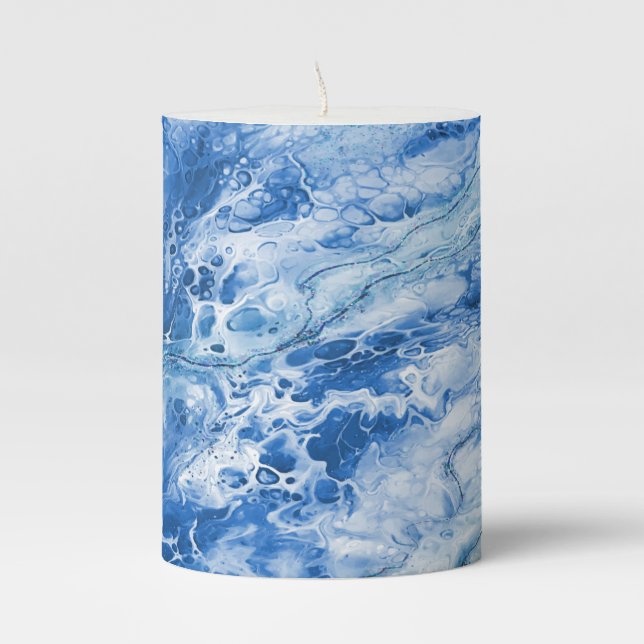 Blue Abstract Marble Background Pillar Candle (Front)