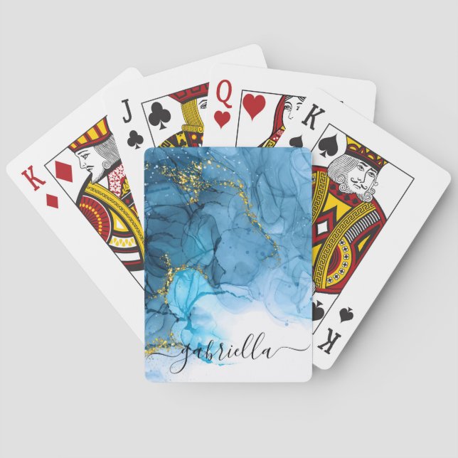 Blue Abstract Marble Poker Cards (Back)