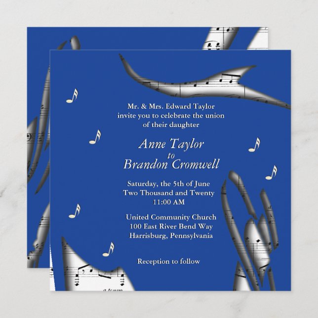 Blue Abstract Music Theme Wedding Invitation (Front/Back)