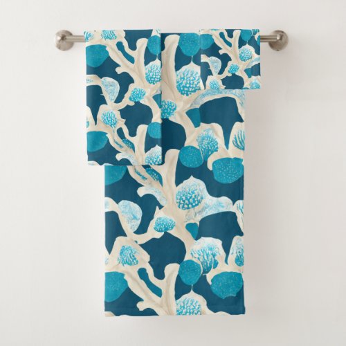 Blue Abstract Ocean Floor  Coastal Pattern Bath Towel Set
