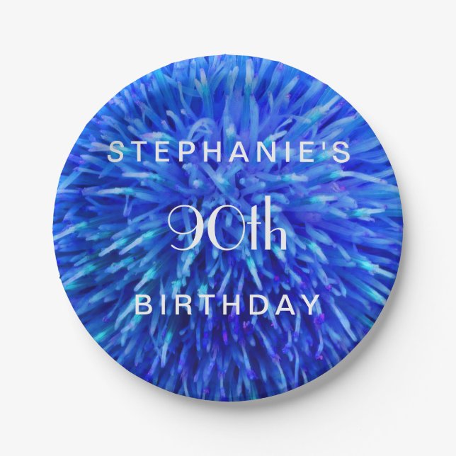 Blue Abstract Paper Plates, 90th Birthday Party Paper Plates (Front)
