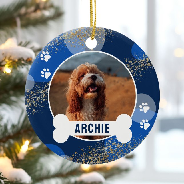 Blue Abstract Paw Print Pet Photo Ceramic Ornament (Creator Uploaded)