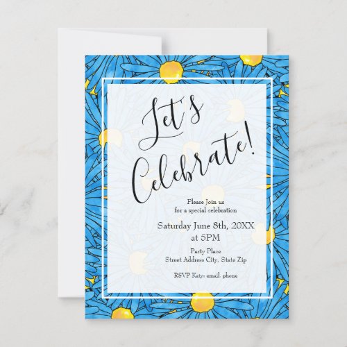 Blue Abstract Pen and Watercolor Aster Pattern  Invitation