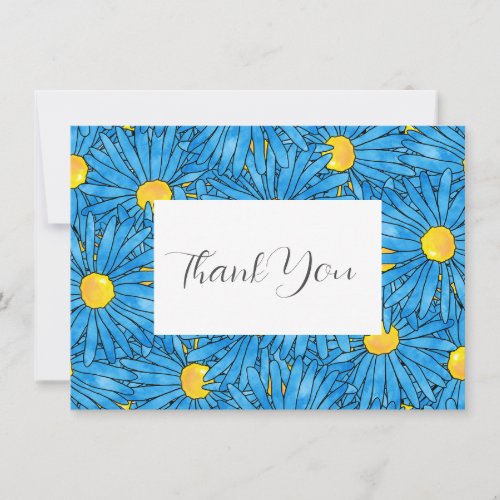  Blue Abstract Pen  Watercolor Aster Pattern Thank You Card