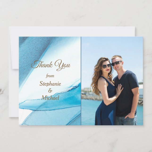 Blue Abstract Photo Template Wedding Thank You (Front)