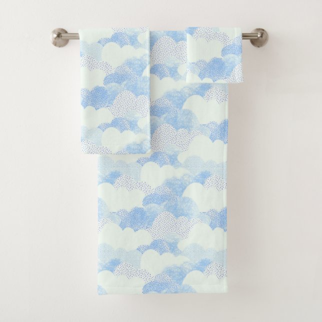 Blue Abstract Rain Cloud Sky Patterned Bath Towel Set (Insitu)