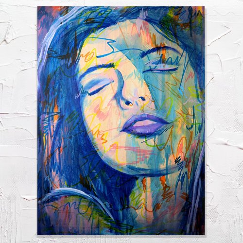 Blue Abstract Realism Woman Portrait Art Print