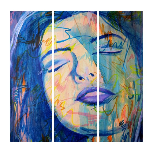 Blue Abstract Realism Woman Portrait Triptych Art