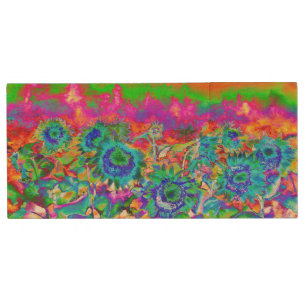 Blue abstract sunflower floral watercolor painting wood flash drive