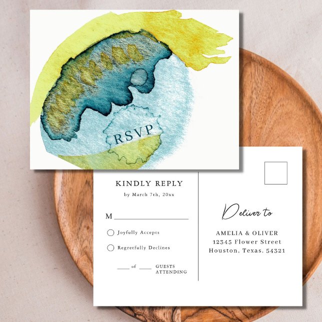 Blue Abstract Watercolor Art Unique Wedding RSVP Postcard (Front/Back)
