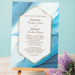 Blue Abstract Watercolor Double Gold Frame Wedding Invitation