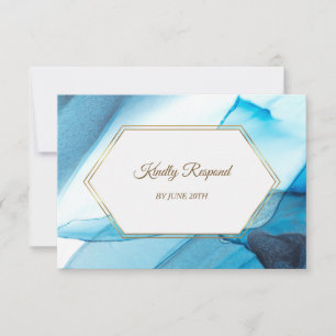 Blue Abstract Watercolor Gold Frame Menu RSVP