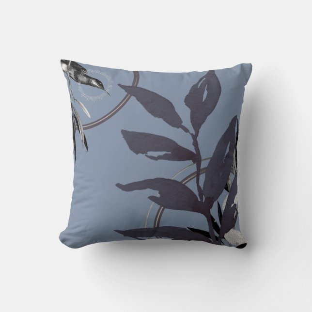 Blue Abstract Watercolor Leaves Throw Pillow (Front)