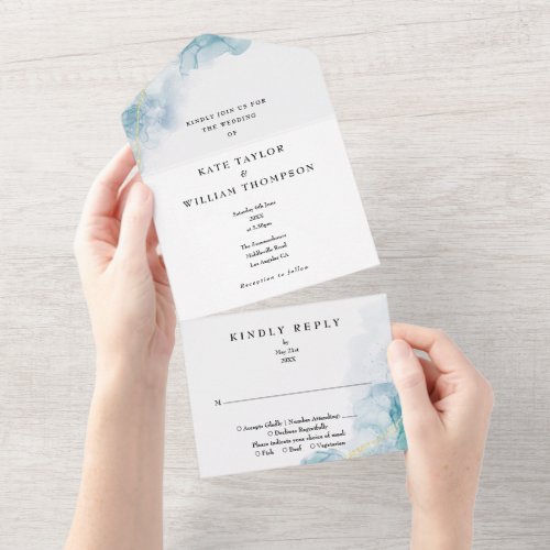 Blue Abstract Watercolor Modern Wedding All In One Invitation