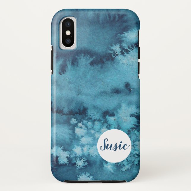 Blue abstract watercolor phone case with name (Back)