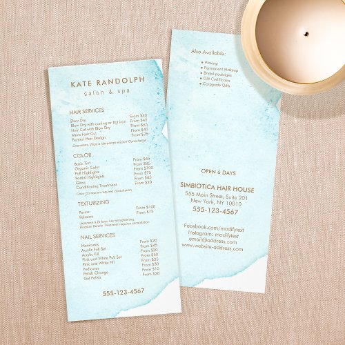 Blue Abstract Watercolor Salon Price List Menu