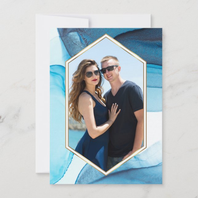 Blue Abstract Watercolor Wedding Thanks Photo Card (Front)