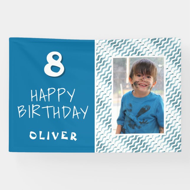 Blue Abstract Wave Boy Photo Happy Birthday Banner (Horizontal)