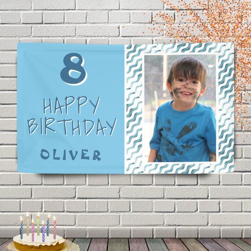 Blue Abstract Wave Boy Photo Happy Birthday Banner