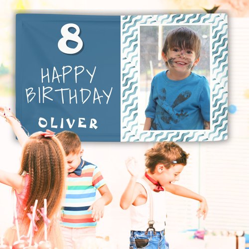 Blue Abstract Wave Boy Photo Happy Birthday Banner