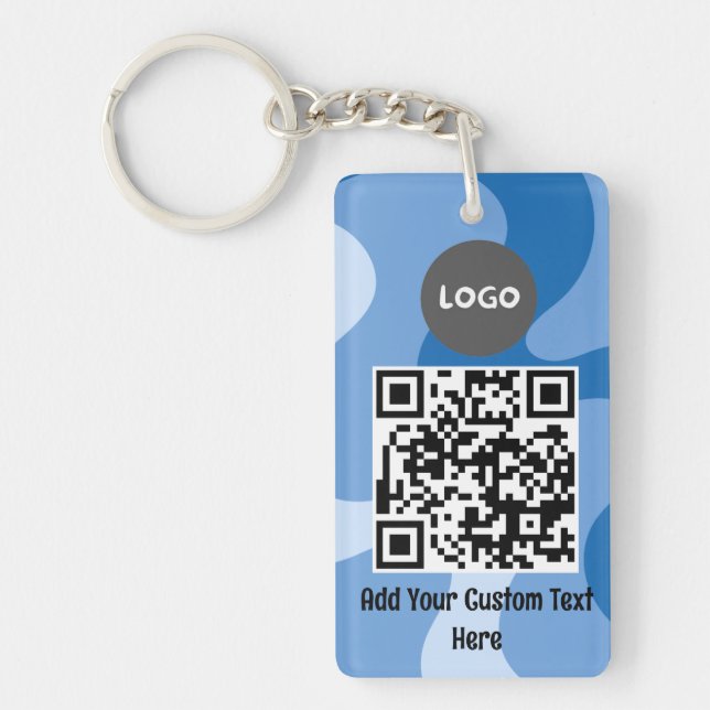 Blue Abstract Wave Custom Logo & QR Business Keychain (Front)