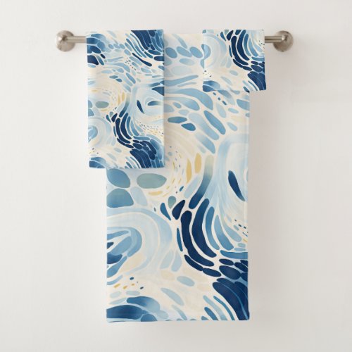 Blue Abstract Waves Beach Pattern Bath Towel Set