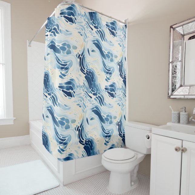 Blue Abstract Waves Beach Pattern Shower Curtain (In Situ)
