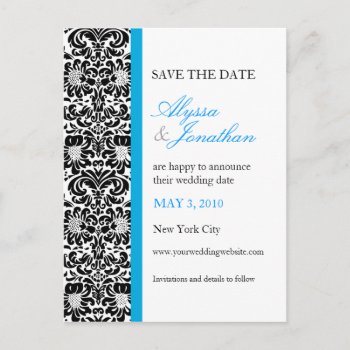 Blue Accent Damask Save The Cate Card by starstreamdesign at Zazzle