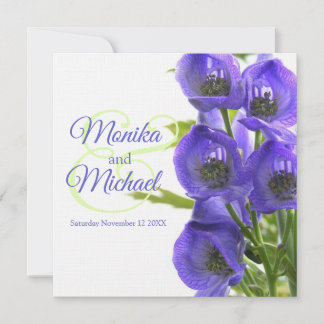 Blue Aconitum flowers wedding square linen invite
