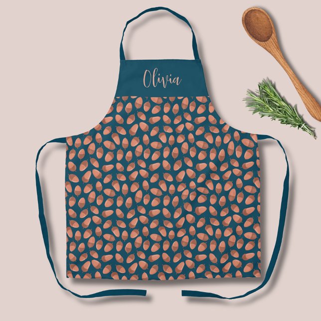 Blue Acorn pattern Apron (Fall autumn acorn pattern kitchen apron.  Personalize with your own name or text.)
