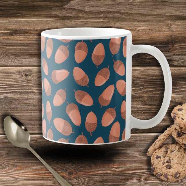 Blue Acorn pattern Coffee Mug (Acorn mug, great for Fall, Autumn hot chocolate and coffee lovers. )
